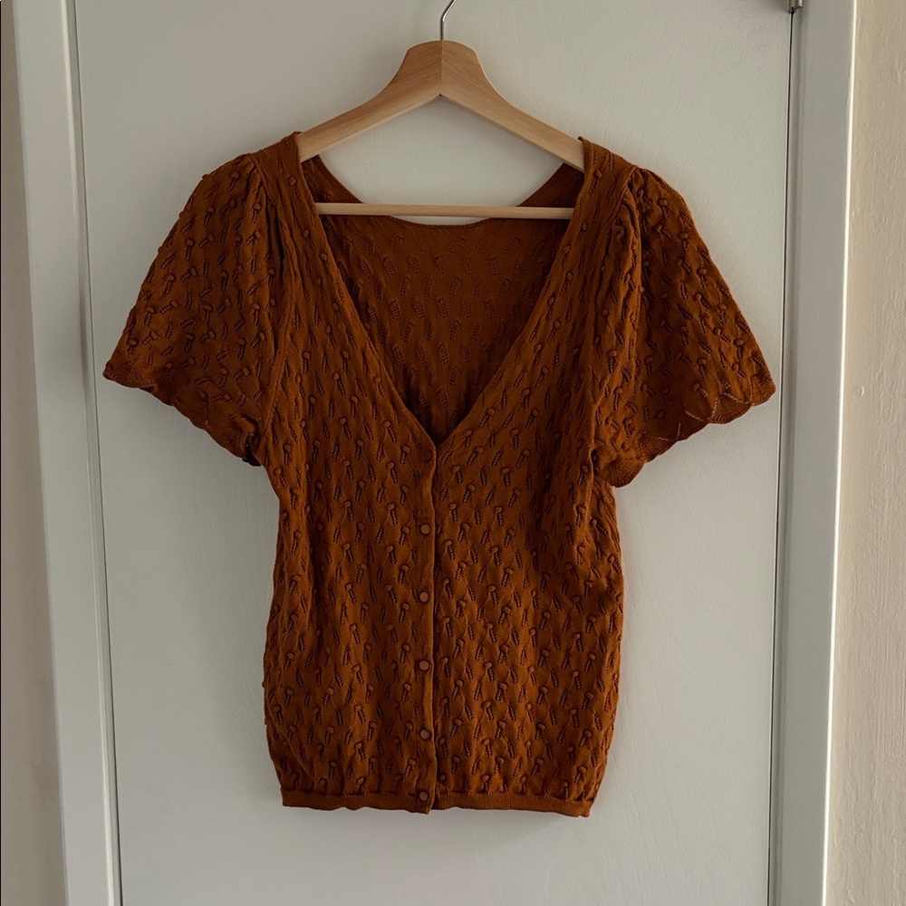 Sezane Rust Brown Short-Sleeve Knit Button Cardigan